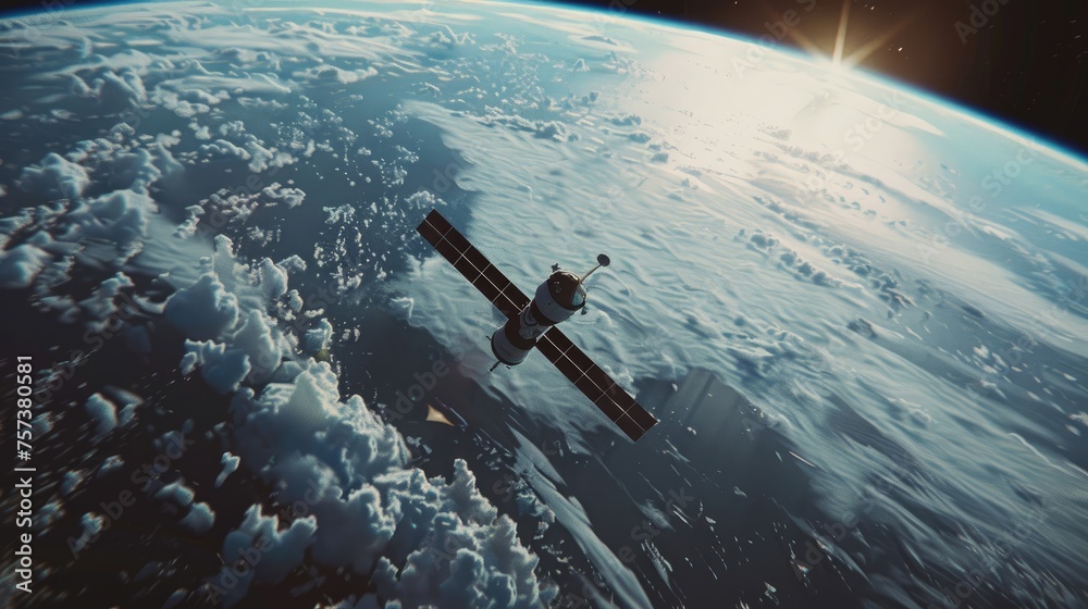 Fototapeta premium A digital marketing campaign deploying from a satellite covering Earth in promotional signals