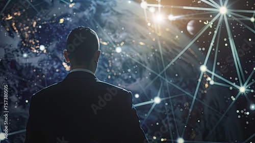 A business leader analyzing data streams coming from a satellite network targeting market trends