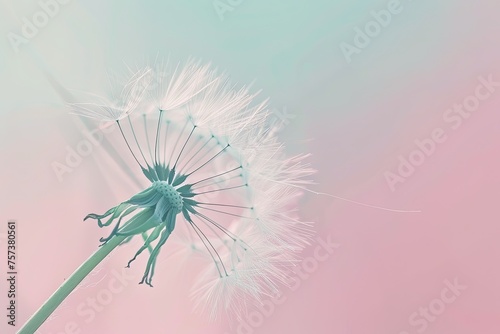 A delicate dandelion seed head against a soft pastel-colored background
