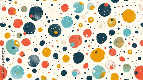 A playful polka dot pattern with varying sizes and colors on a white background