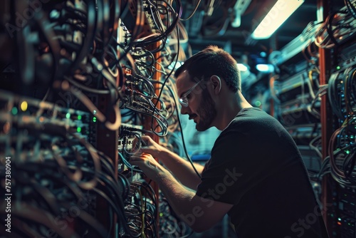 An IT specialist troubleshooting a network in a server room filled with cable management racks