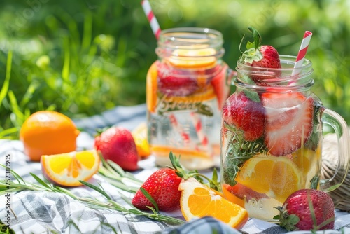An outdoor picnic with sparkling fruit-infused water in mason jars