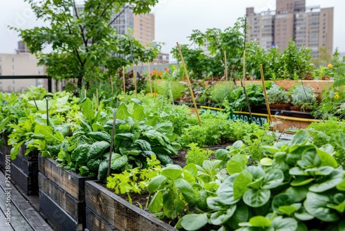 An urban rooftop garden with a variety of vegetables and herbs promoting local food © AI Farm