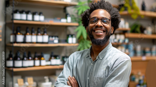 Happy African American man, marijuana user, frequent client of cannabis dispensary