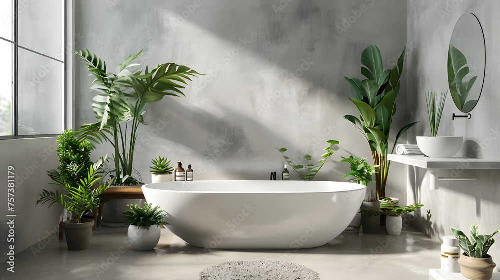 A serene minimalist bathroom with a freestanding bathtub and selected green plants adding a touch of nature and elegance A serene minimalist bathroom with a freestanding bathtub and selected green plants adding a touch of nature and elegance