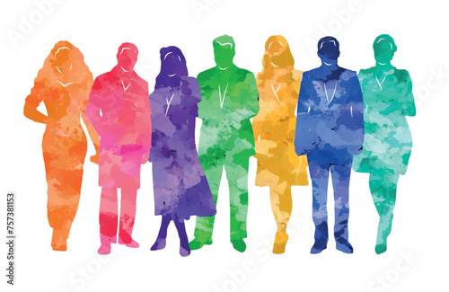 Group of people, silhouettes of men and women, passers-by, ladies and gentlemen, office workers, businessmen, business people. Colorful vector illustration.
