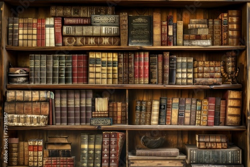 Antique bookshelf background. Shelf antique old bookcase wood archive. Generate Ai