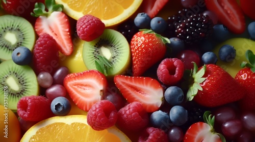Mix of fresh fruits and berries. Top view. Selective focus.