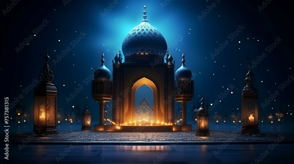 Ramadan Kareem's background with mosque and lanterns. 3D rendering