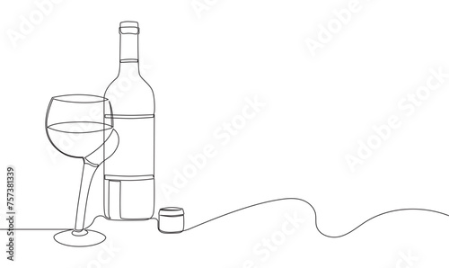 Continuous single line drawing of wine bottle and crooked wine glass, line art isolated vector illustration