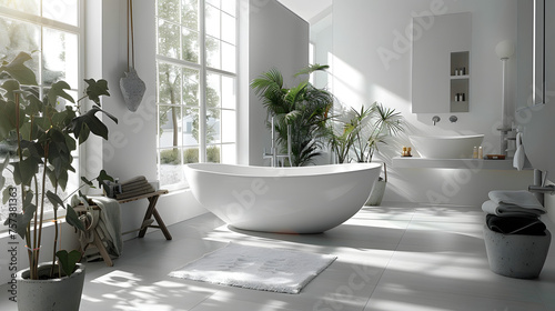 A contemporary pristine white bathroom with natural light  freestanding tub  bookshelf  and an assortment of green indoor plants