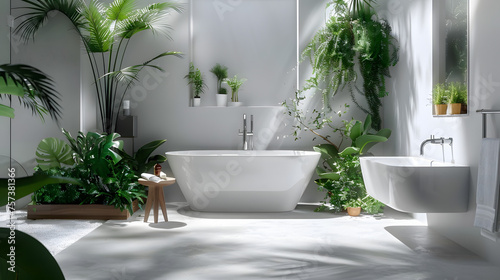 A well-lit  plant-filled bathroom scene offering a serene environment with a large white tub and vibrant foliage spilling over the edges