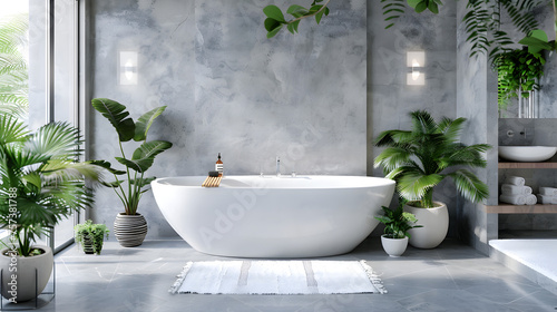 A luxurious bathroom setup with a freestanding bathtub surrounded by rich plant life  emanating opulence and a connection with nature