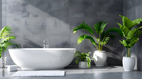 A sleek bathroom design featuring large green plants and natural sunlight casting soft shadows