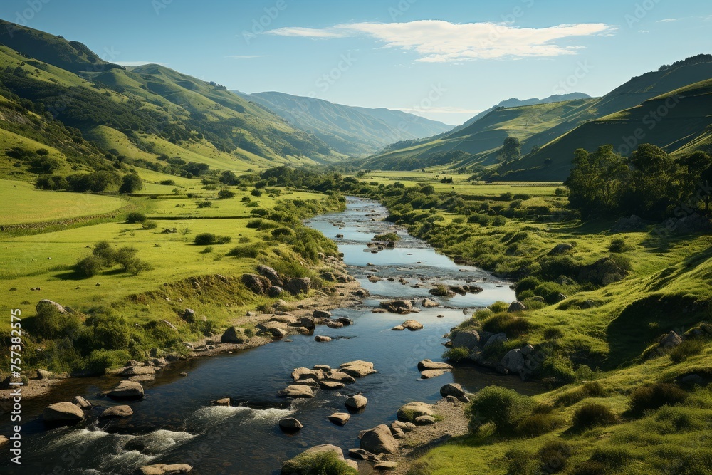 Watercourse flowing through verdant valley encircled by majestic mountains