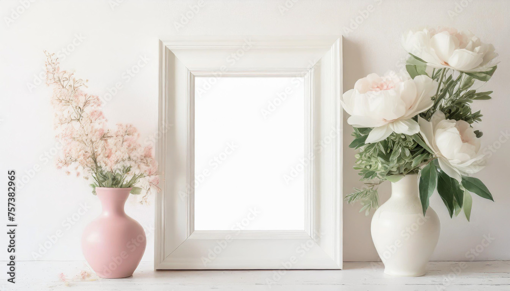 Mock up square frame with home decor and potted plants. White shelf and wall. Copy space.