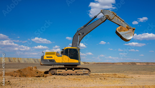 Excavator in the working process digs the ground digger. Works on gravel mining career.