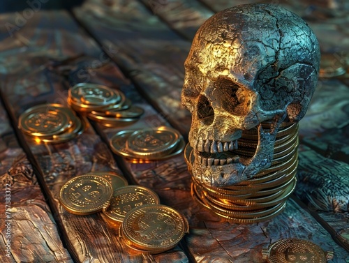 Fototapeta A stack of glistening coins with a dazzling gold skull resting on top. 3D style