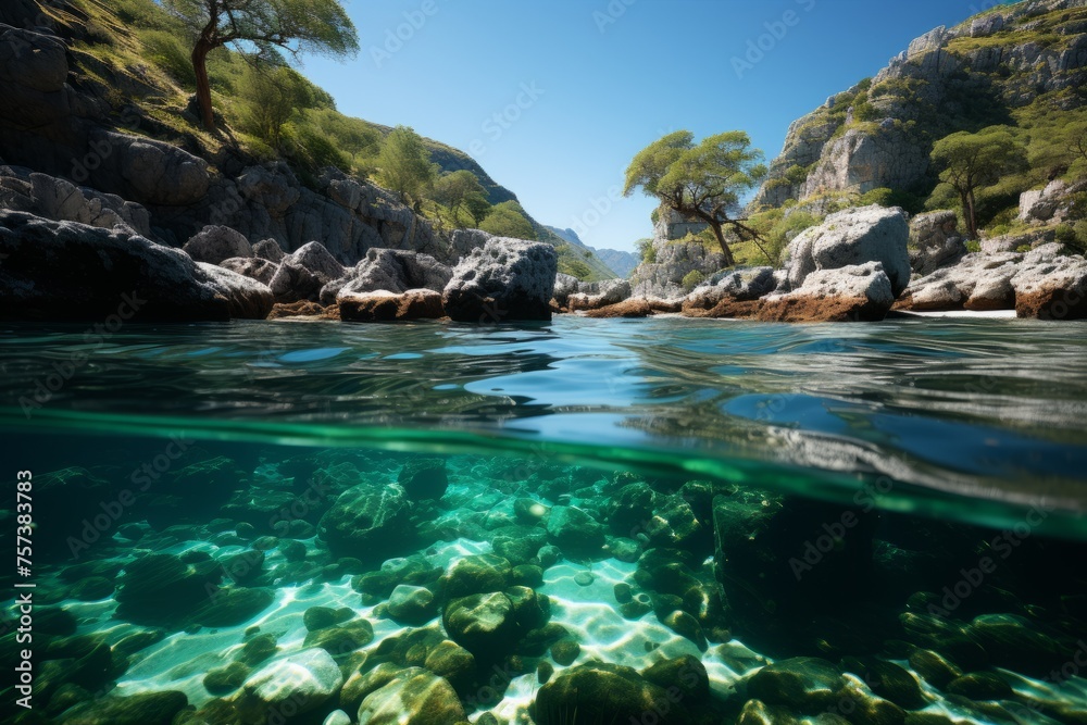 a half underwater view of a river surrounded by rocks and trees