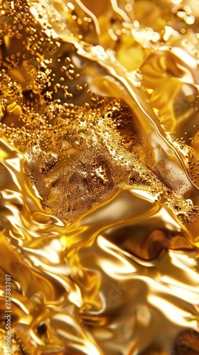 A close-up image capturing the sparkles of golden glitter scattered across a wavy  textured golden background