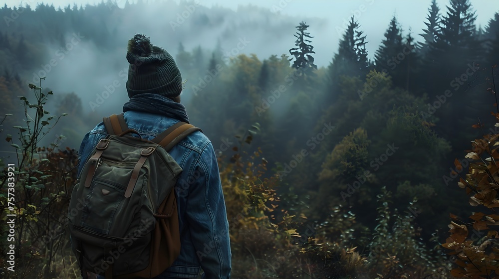 Misty Forest Exploration A Hiker in Denim and Beanie Embarks on a Cinematic Vintage Journey - obrazy, fototapety, plakaty 