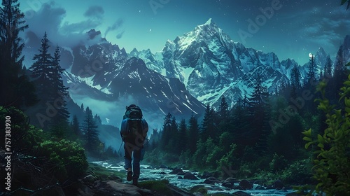 Nighttime Hiker at Mountains Base in Lush Forest © Rudsaphon