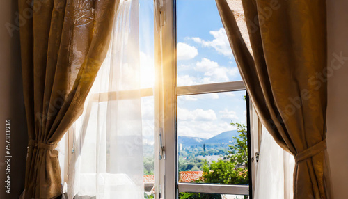 Sun shines in open window, blowing wind moves curtain. © netsay