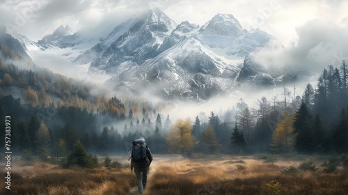 Solitary Hiker in Misty Autumn Forest amidst Snow-Capped Mountains © Rudsaphon