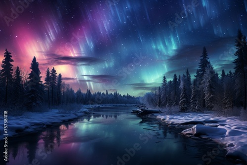 The aurora borealis illuminates the river in the forest under the night sky © JackDong
