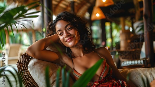 Cheerful Woman Relishing Tranquility in Exotic Tropical Resort Lounge