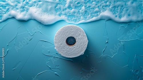 A roll of toilet paper is shown on a blue background in the top view photo
