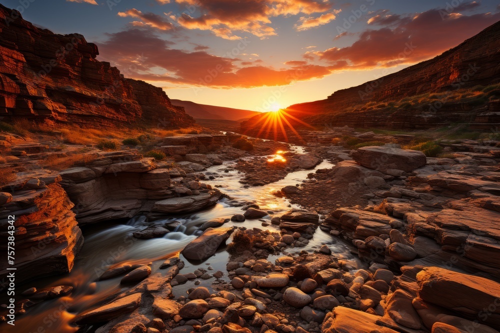 The sky is ablaze with the setting sun over a river in a canyon