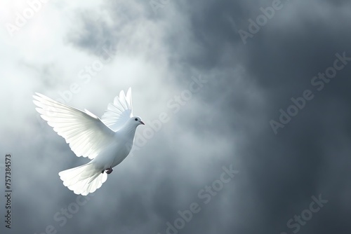 Dynamic Image of Abstract Dove Illuminated by Light, Soaring through Dark Sky, Symbolizing Peace and Hope Concept