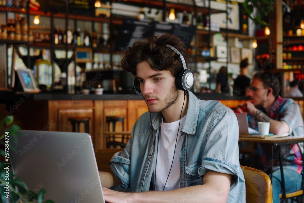 Young man wearing wireless headphones using laptop in cafe. Freelance working concept. Young man wearing wireless headphones using laptop in cafe. Freelance working concept.