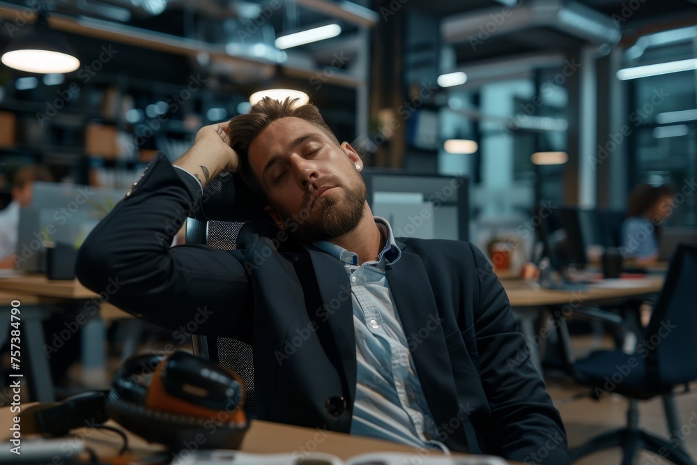 Tired Businessman Collapsing on Office Chair from Exhaustion After Prolonged Work Hours, Reflecting the Stressful Concept of Corporate Burnout Tired Businessman Collapsing on Office Chair from Exhaustion After Prolonged Work Hours, Reflecting the Stressful Concept of Corporate Burnout