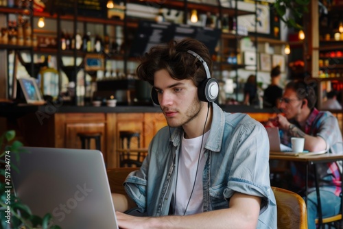 Young man wearing wireless headphones using laptop in cafe. Freelance working concept.