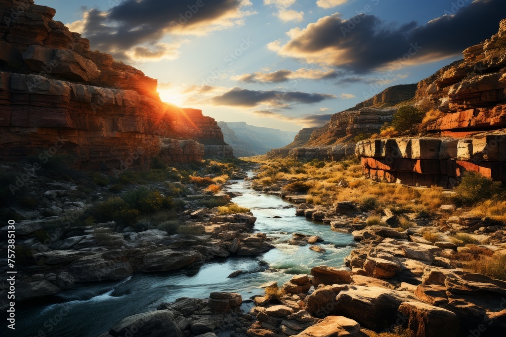 a river flowing through a rocky canyon at sunset