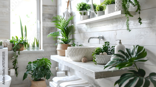 A comfortably inviting and airy bathroom sink area, heavily adorned with healthy potted plants and enhanced by natural light from the window
