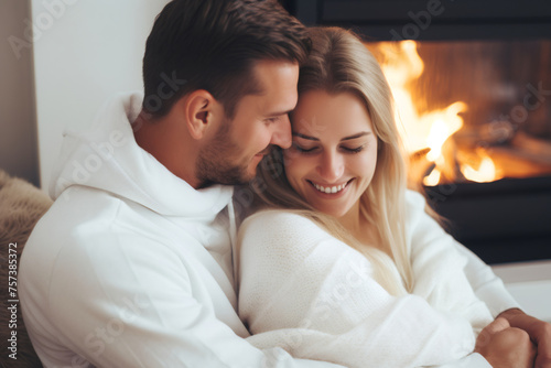 Close up, High key, Beautiful couple in white sweaters hugging while sitting in front of the fireplace. Young love man and woman cuddling at home, looking away, smiling. celebrating Valentine's day