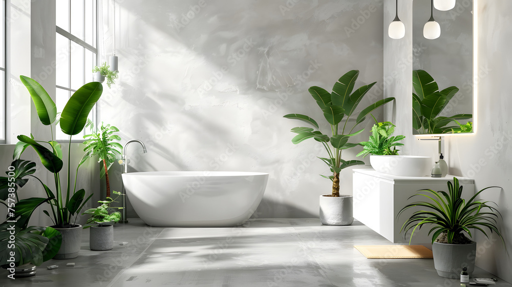 This image showcases a luxurious home bathroom with a freestanding bathtub, incorporating green plants for a lavish yet tranquil home spa feel This image showcases a luxurious home bathroom with a freestanding bathtub, incorporating green plants for a lavish yet tranquil home spa feel