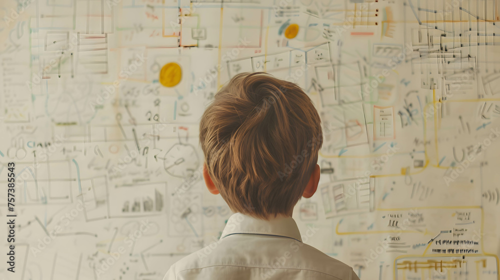 Fototapeta premium Child businessman looking to financial planner mind map, learning about finances and data analysis to create returns and financial freedom from a young age
