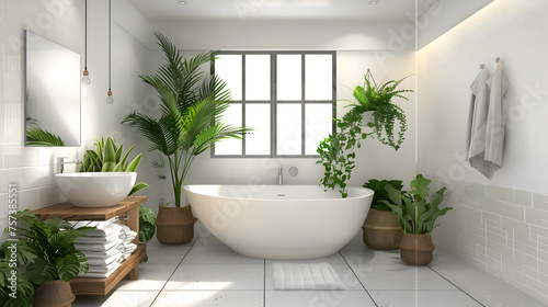 A stylish modern bathroom design featuring a freestanding tub  wooden bench  and lush greenery providing a tranquil spa-like atmosphere