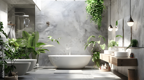 Inviting spacious bathroom boasting natural wooden elements and an array of indoor plants creating a peaceful oasis
