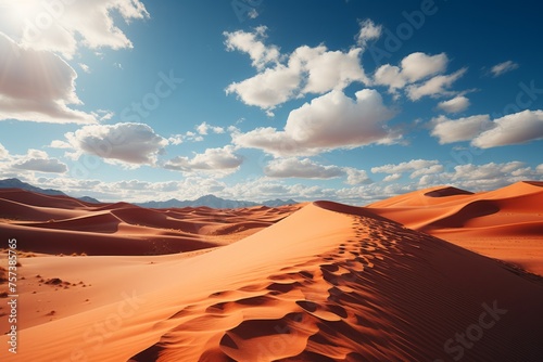 a desert landscape with sand dunes and a blue sky with clouds