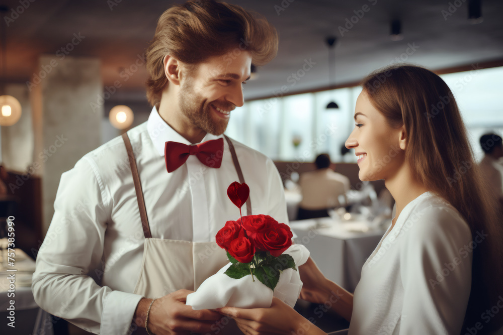 Dinner In Restaurant. Waiter present red roses bouquet, Serving for Happy Romantic Young Couple In Love. Cheerful People Making Orders, Celebrating Anniversary Or Valentines Day. Love, Romance concept