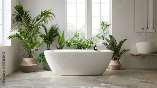 A minimalistic bathroom design with oversized windows, bringing in an abundance of natural light and views of greenery