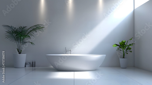 An immaculate bathroom space with striking sunbeams piercing through, complementing minimalist design and plants © Reiskuchen