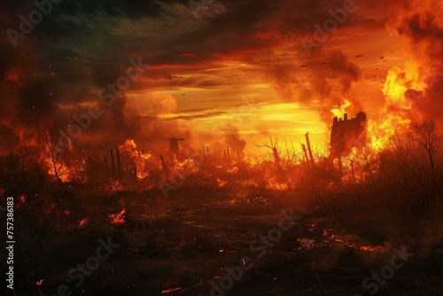 Apocalyptic scene fire. Empty ruin. Generate Ai