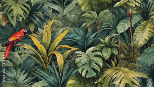 Jungle landscape depicted in watercolor  creating a retro wallpaper pattern with timeless appeal.