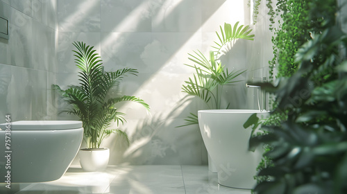 Soft, natural light bathes a white, sleek bathroom adorned with vibrant plants, giving a fresh atmosphere